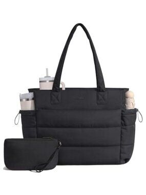 Ultralight Puffer Tote Bag for Women, Travel Laptop Handbag with Tumbler